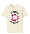 Coffee Mode On Tee Shirt, Retro Pink On Badge Graphic Tee , Soft Style Tee